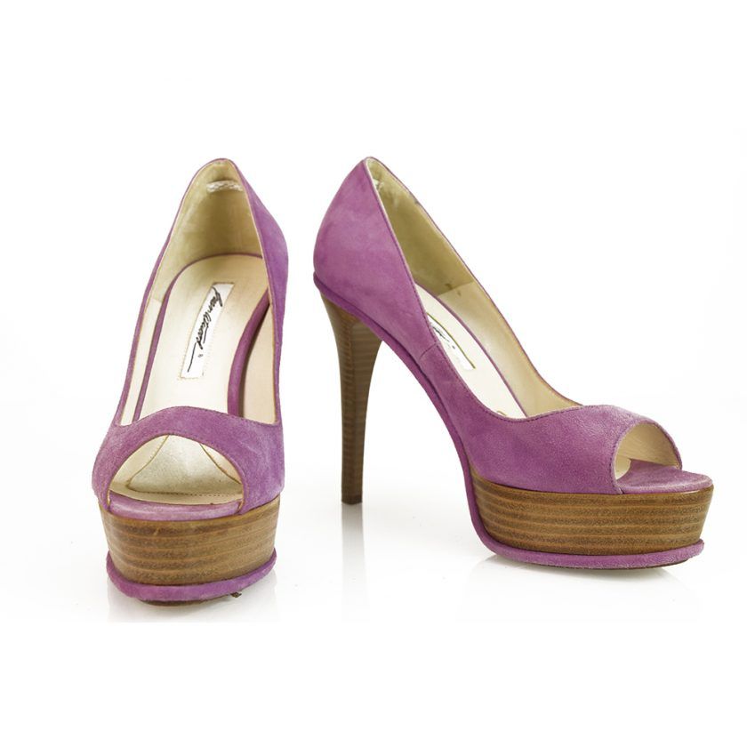 Brian Atwood Purple Suede Leather Wooden Platform Peep Toe Heels Shoes - Sz 37