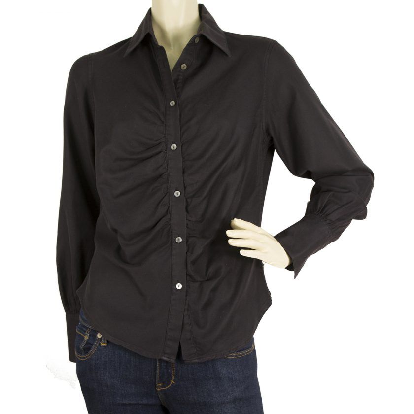 Burberry London Black Ruched Front Wide Cuffs Top Button Down Shirt Blouse sz M