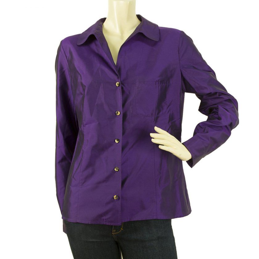 Celine Shiny Purple Button Down Shirt Top with Logo signature Buttons Sz 44