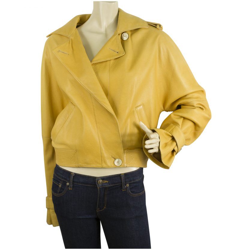 Cerutti Arte 100% Leather Yellow Dolman Sleeve Short Jacket w. Epaulettes sz 42