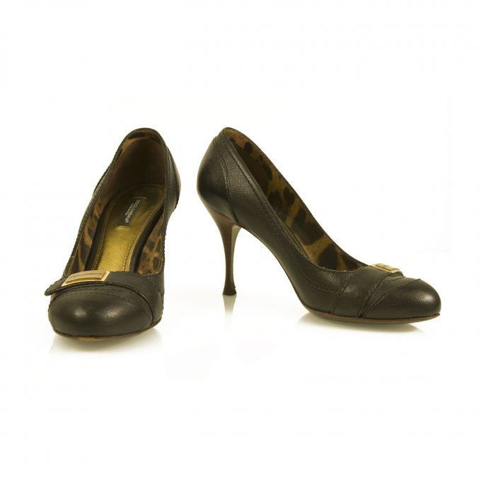 Dolce & Gabbana Dark Brown Leather Pumps Round Toe Wooden Heel sz 37