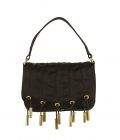 Donna Karan Collection Black Silk Gold tone Metallic Fringes Evening Flap Bag
