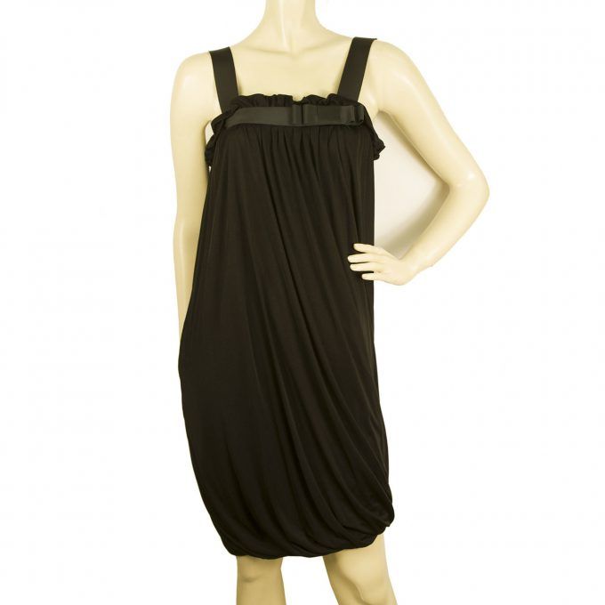 Duyan Black Sleeveless Draped Bubble Hem Wide Straps Bow Mini Dress size 44