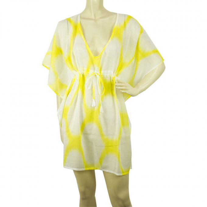Echo Yellow White Tie Dye Effect Blouse Tunic Kaftan Cover Up Top - One Size