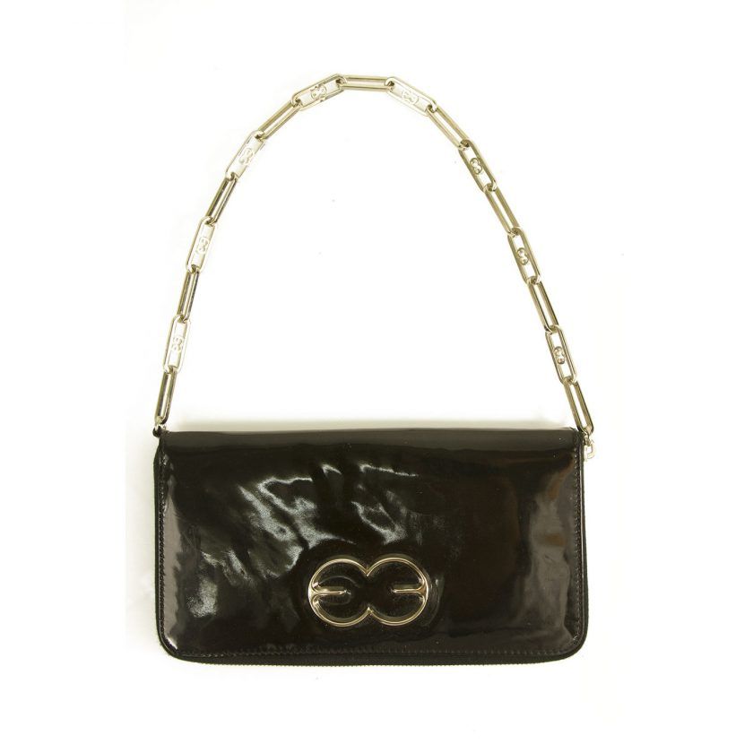 Escada Black Patent Leather Zip Around Chain Shoulder Bag Clutch Handbag Purse