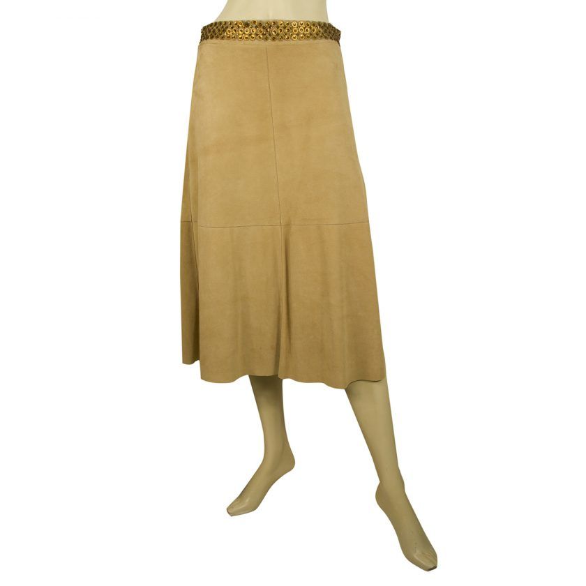 Fabrizio Corsi Leather Suede Beige Calf Length Skirt Sequins Size 42