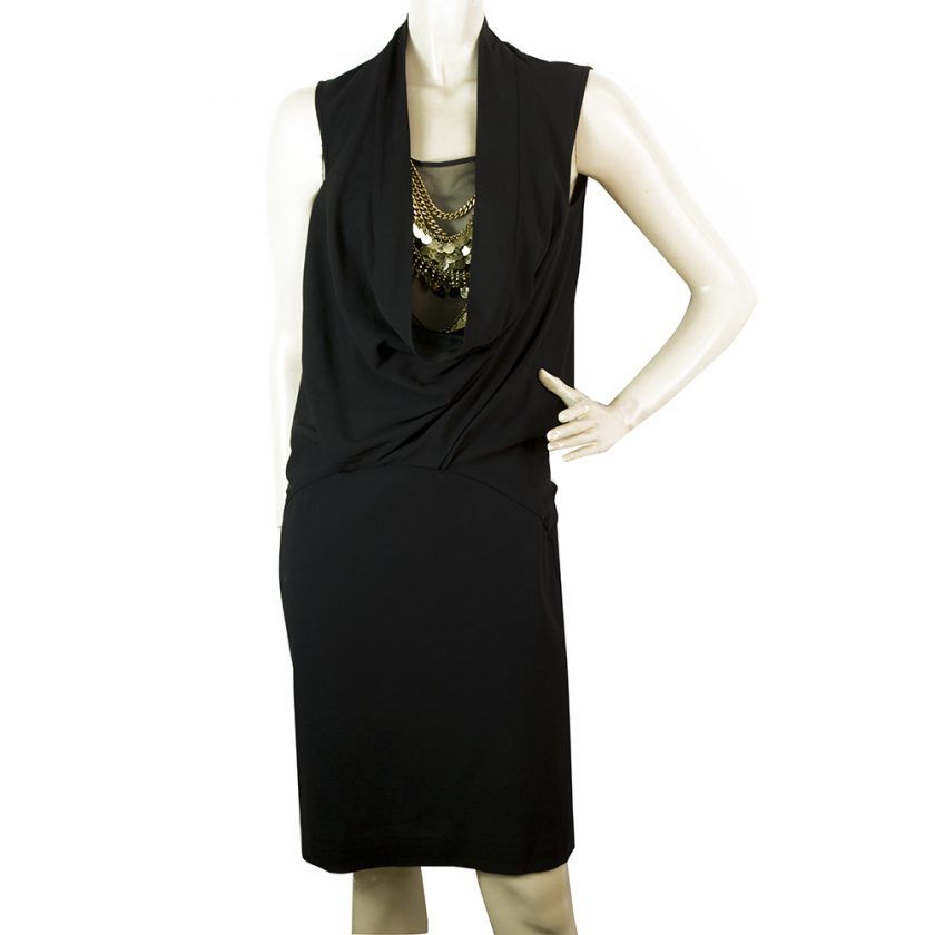 Givenchy Black Dress w. Gold Tone Chains & Charms Draped Knee Length size 38