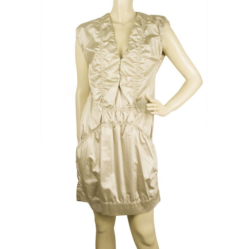 Haute Shiny Cotton V Neckline Ruched Mini Length Beige Dress - Size 42