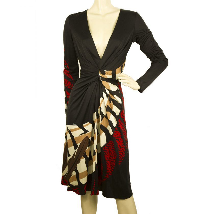 ISSA London Black Red Beige Abstract Print Deep V neck Knee Length Dress