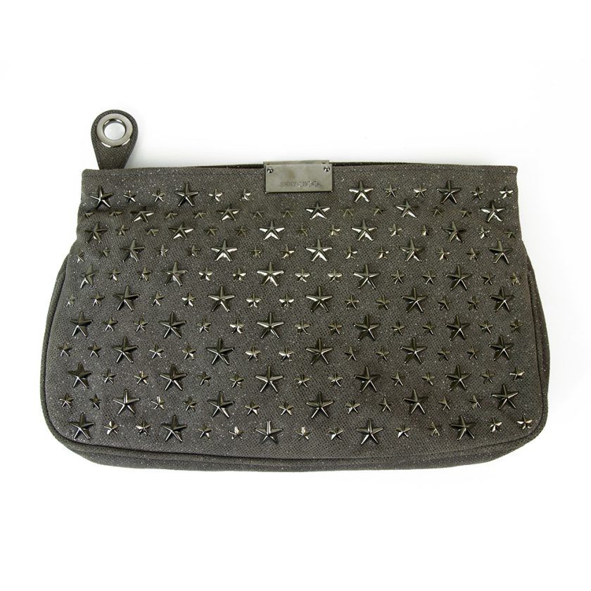 Jimmy Choo Gray Silver Fabric Star Studded Clutch Bag Handbag Pochette Wristlet
