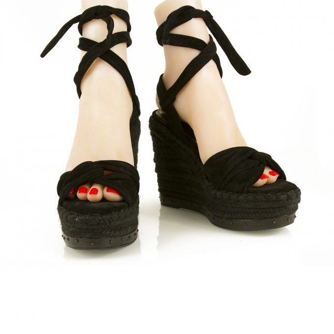 Kendall + Kylie Black Suede Leather Jute Wedge Sandal Platform Tie Ankle Shoe 7M