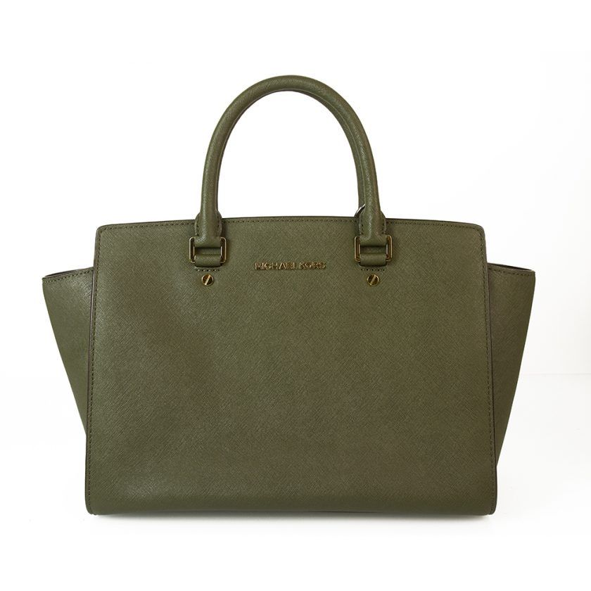 Michael Kors Olive Green Canvas Shoulder Leather Shopper Bag Structured Handbag