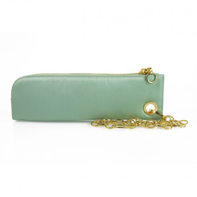 Michael Teperson Mint Color Satin Clutch Handbag Evening bag w. Wristlet Chain