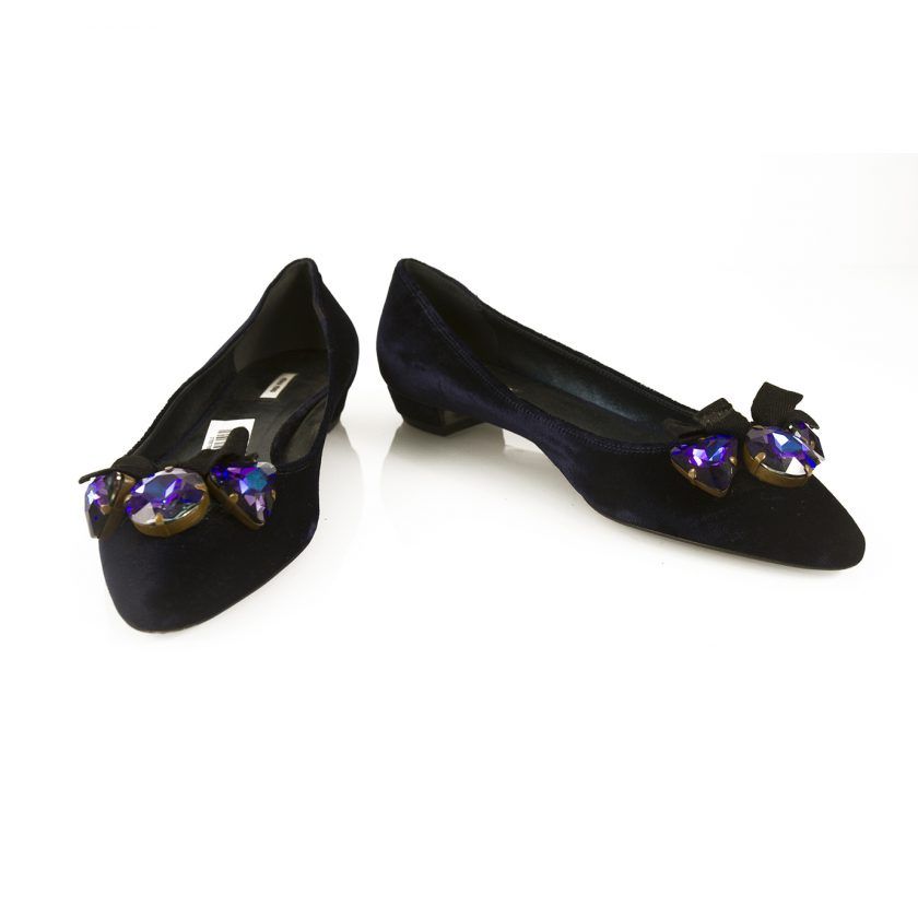Miu Miu Dark Blue Velvet Large Stone Beaded Bow Ballerina Shoes Ballet 37 eu