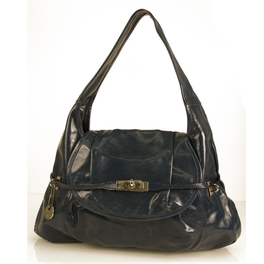 Nannini Blue Patent Leather Flap Top Shoulder Bag Hobo Handbag with Charm