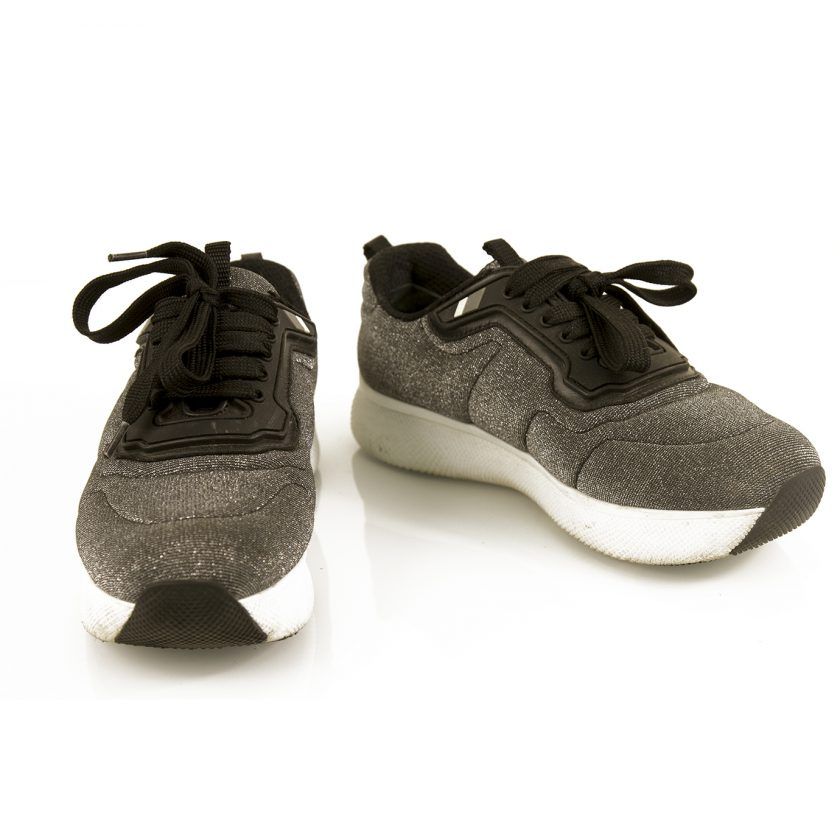 Prada Sport Silver Fabric Platform Sneakers Trainers 37 Black trimming 4cm Shoes