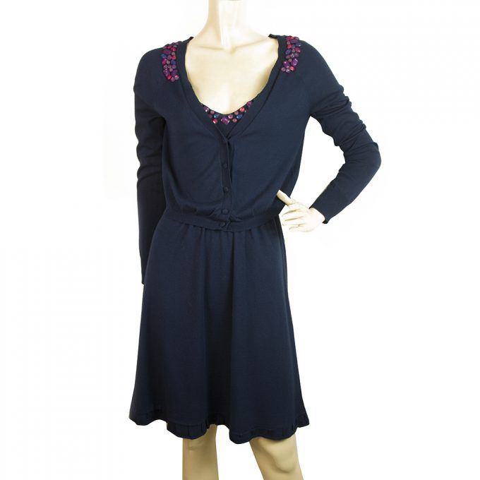 Rebecca Taylor Blue Knit Beaded Short Cardigan Bolero Dress Two Pieces Set sz S