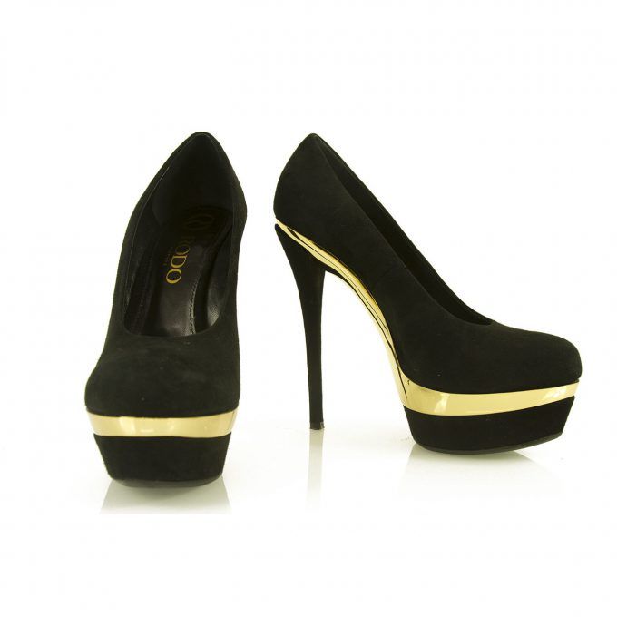 RODO Black Suede Gold Platform Pumps Stiletto Heel sz 36.5 Shoes w. Box