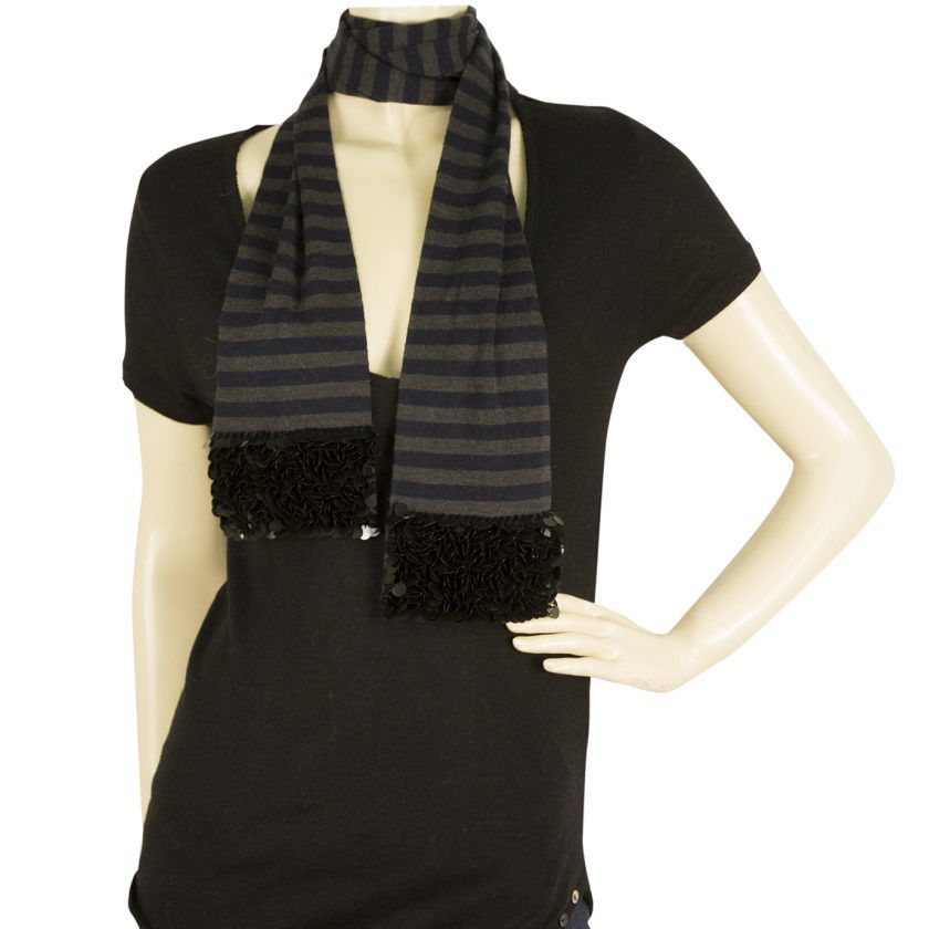 Sonia by Sonia Rykiel Gray Blue Striped 100% wool Scarf Wrap w. Black Sequins