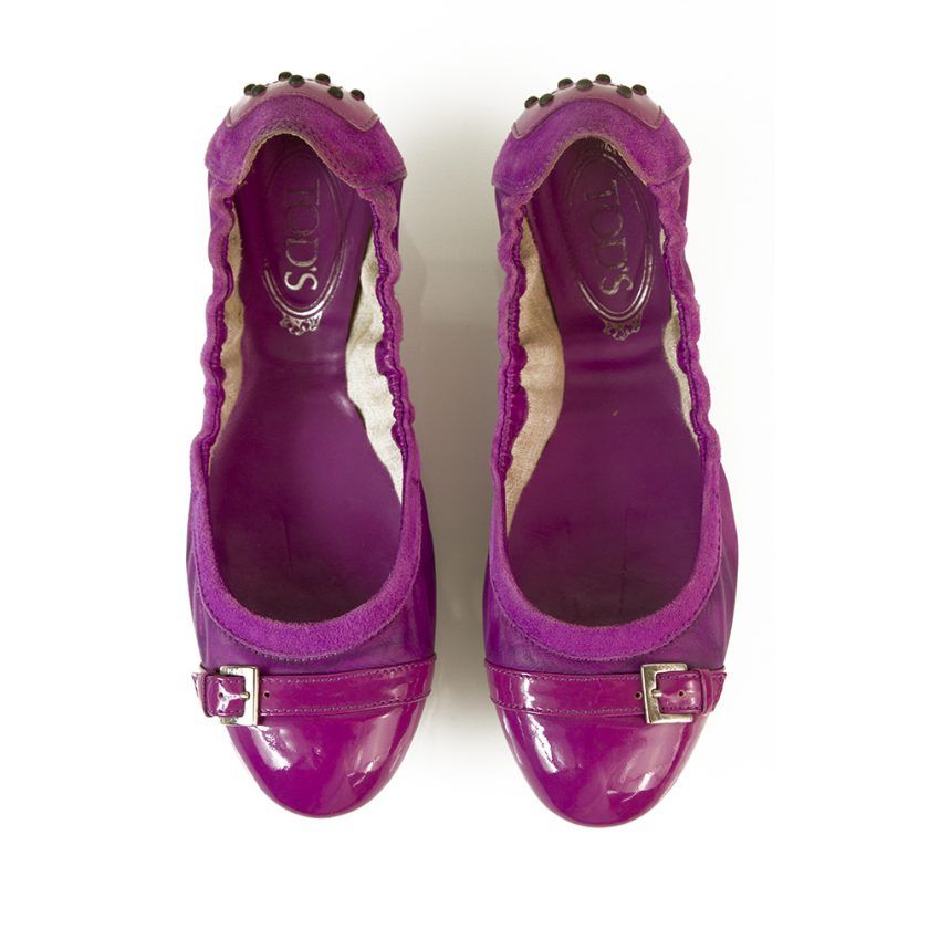TOD'S Gommino Purple Suede Patent Leather Ballerinas Flat Elastic Shoes size 37