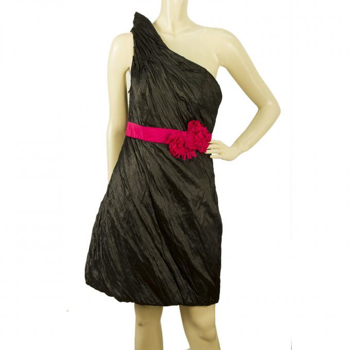 Unique Boutique Black Fuchsia Belt One Shoulder Draped Mini Dress size 2