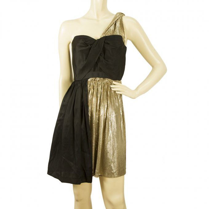 Whistles Black Gold Paneled One Shoulder Draped Mini Dress size UK 10 Eu 38