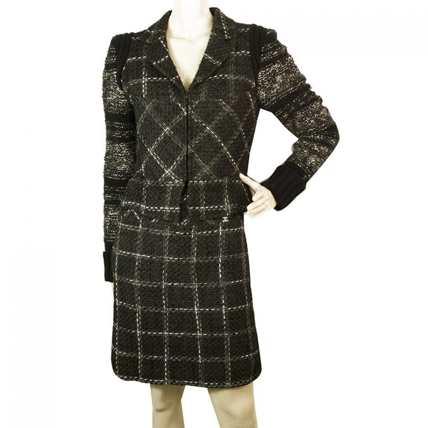 Chanel Black 06A Gray White Woolen blend Skirt jacket Set Skirt Size 34-36