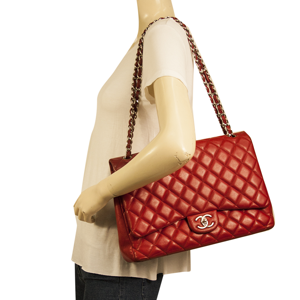 CHANEL Red Caviar Leather Classic Double Flap Maxi Bag Silver